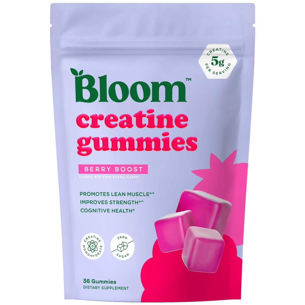 Bloom Creatin Monohidrat Gummies, 5g Per Serving, Sugar Creatin Gummy pentru antrenament, Putere, Cognitive Health & Lean Muscle Support, Gluten Free & Non OMG, Berry Boost, 36 Gummies, 12 SVG