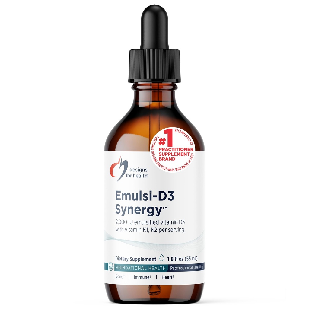 Design-uri pentru sănătate Emulsi-D3 Synergy 2000 UI Vitamina D Lichid cu vitamina K - Drops lichid emulsifiat D3 K2 pentru suport imunitar și sănătatea osoasă - Gluten-free + non-GMO (55 Servings / 1.8oz)
