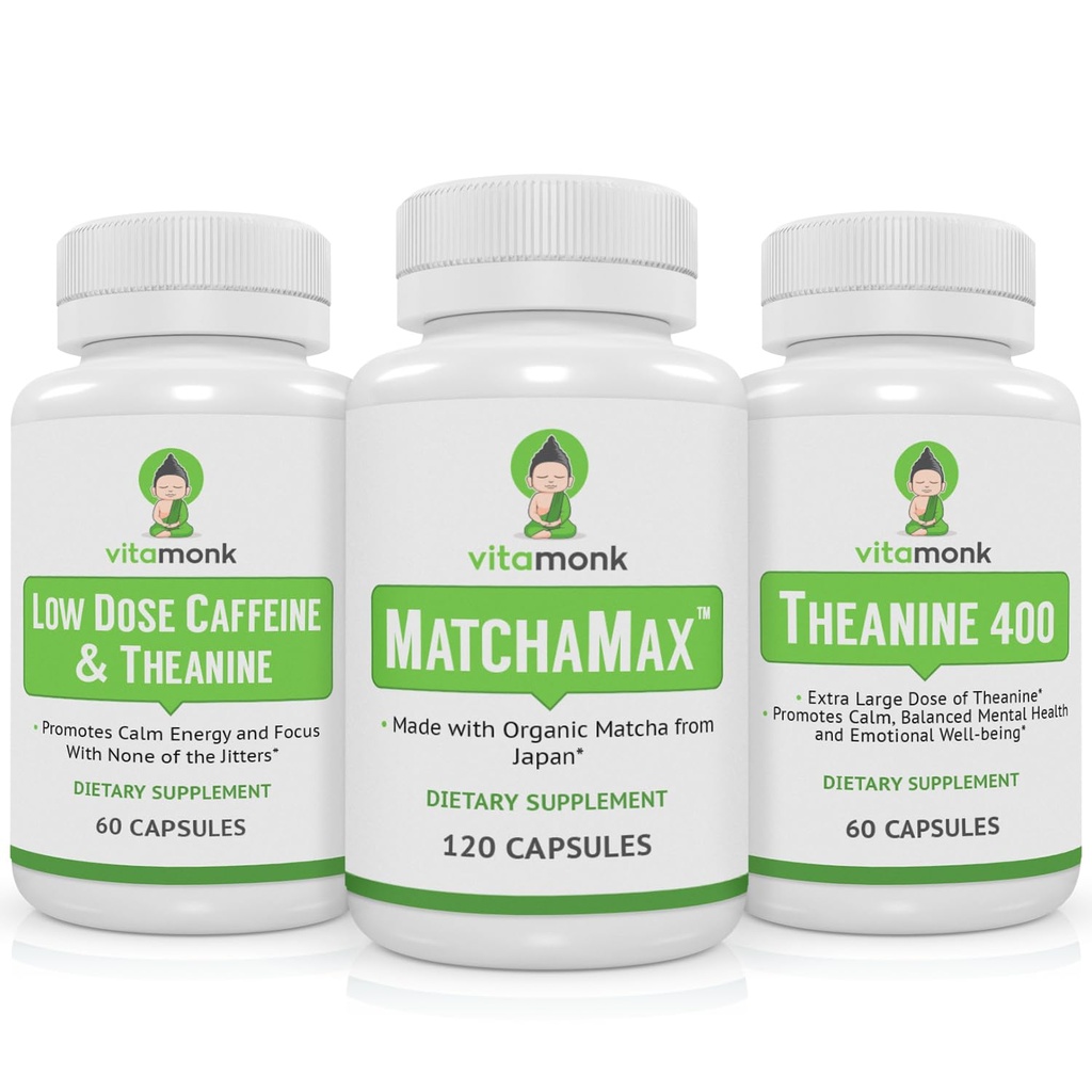 VitaMonk Matcha, Cafeina în doză mică și Theanine Bundle - Calm, energie concentrată fără Jitters