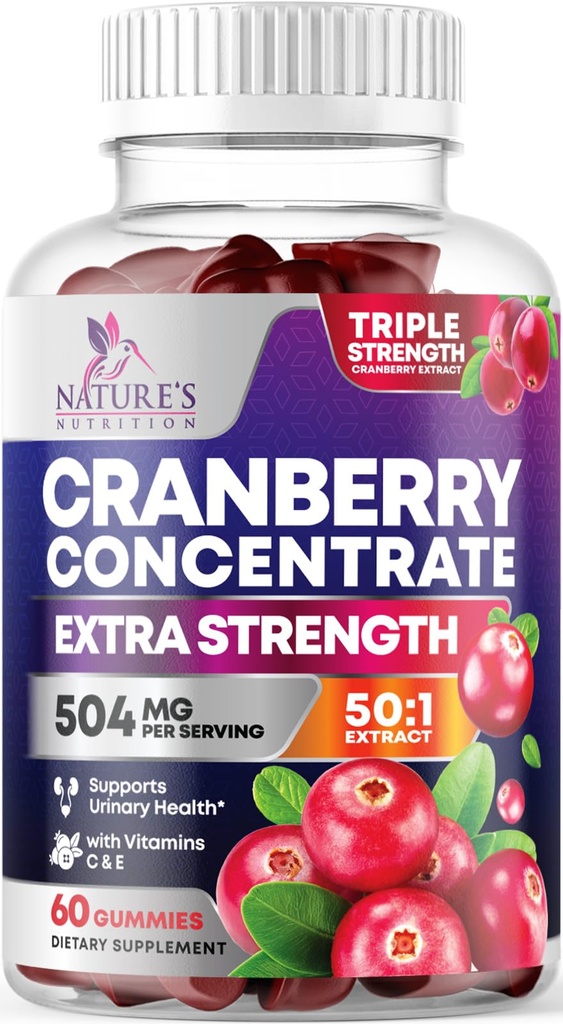 Cranberry Gumies 50:1 Extract de cranberry - Suport Tract urinar Made with 25.000mg, Helps Cleanse & Protect, Cran Berry Gummy Supplement + Vitamina C, Chewable Cran Pastile pentru femei - 60 Gummies