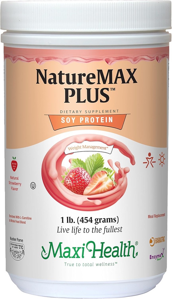 Maxi-Health NatureMAX PlusTM Energy Support Drink Soy Proteine Powder - Sugar Free Diet Supplement - 20g Proteine per Serving - Aroma naturala de capsuni - Vitamina Kosher - 1lb