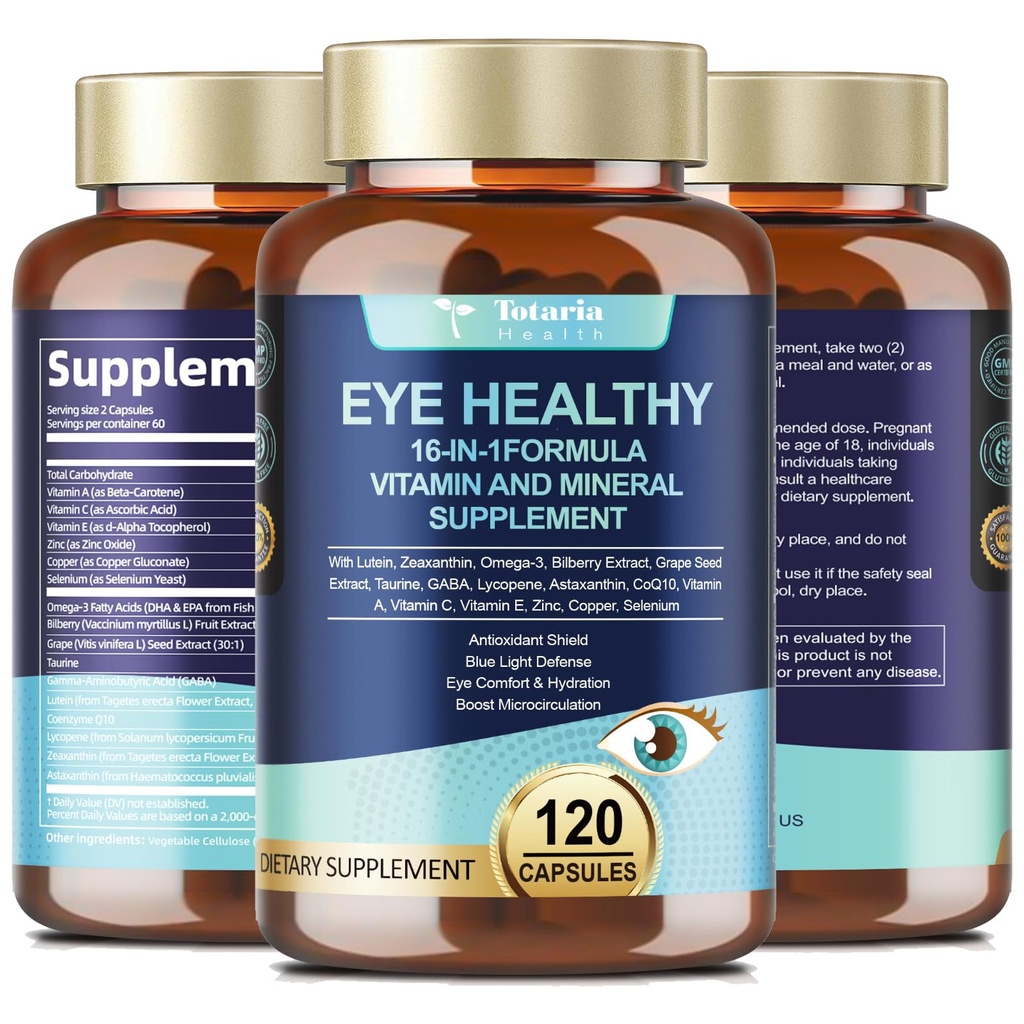 AREDS 2 Vitamine de ochi și extract de afine minerale Omega-3, Vitamină oculară pentru Seniori Sanatate maculara si ochi uscati, Vitamine oculare Lutein și Zeaxantină Suport Strench ochi & Hidratare (120 capsule)