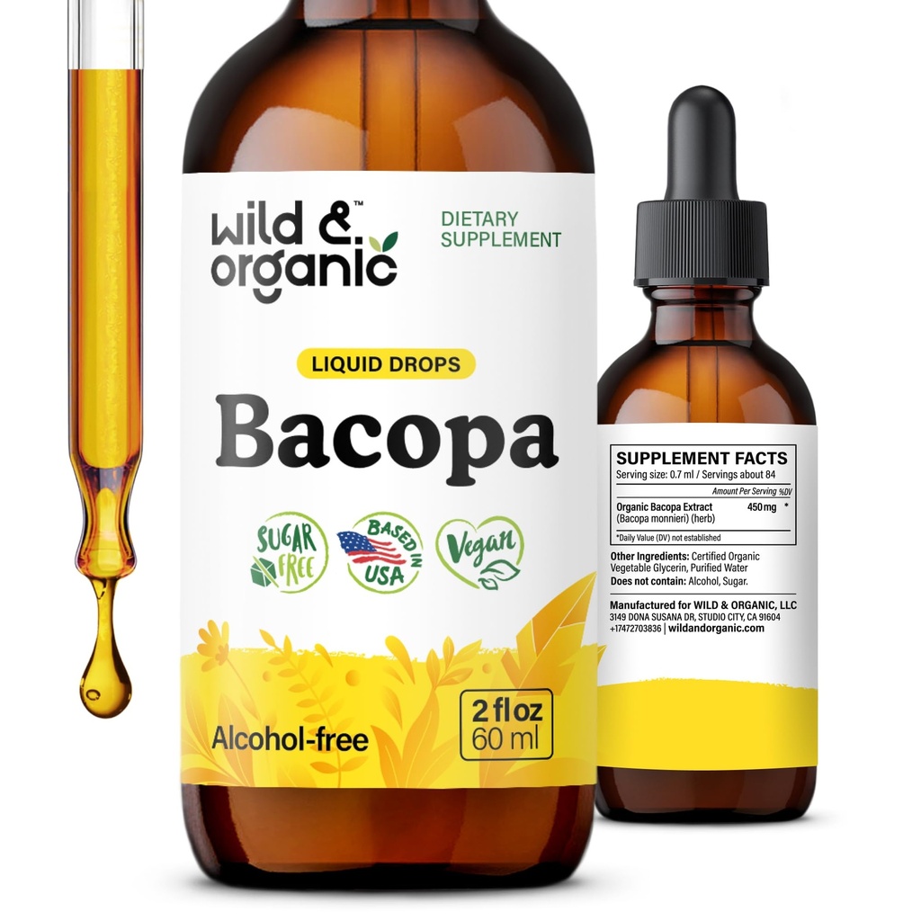 Tinctura Wild & Organic Bacopa - Suporturi Calm, Focus, Clarity - Bacopa Monnieri Supliment lichid - Picături fără alcool cu extract Brahmi - Vegan, Sugar-Free - 2 Month Supply Supply - 2 fl oz