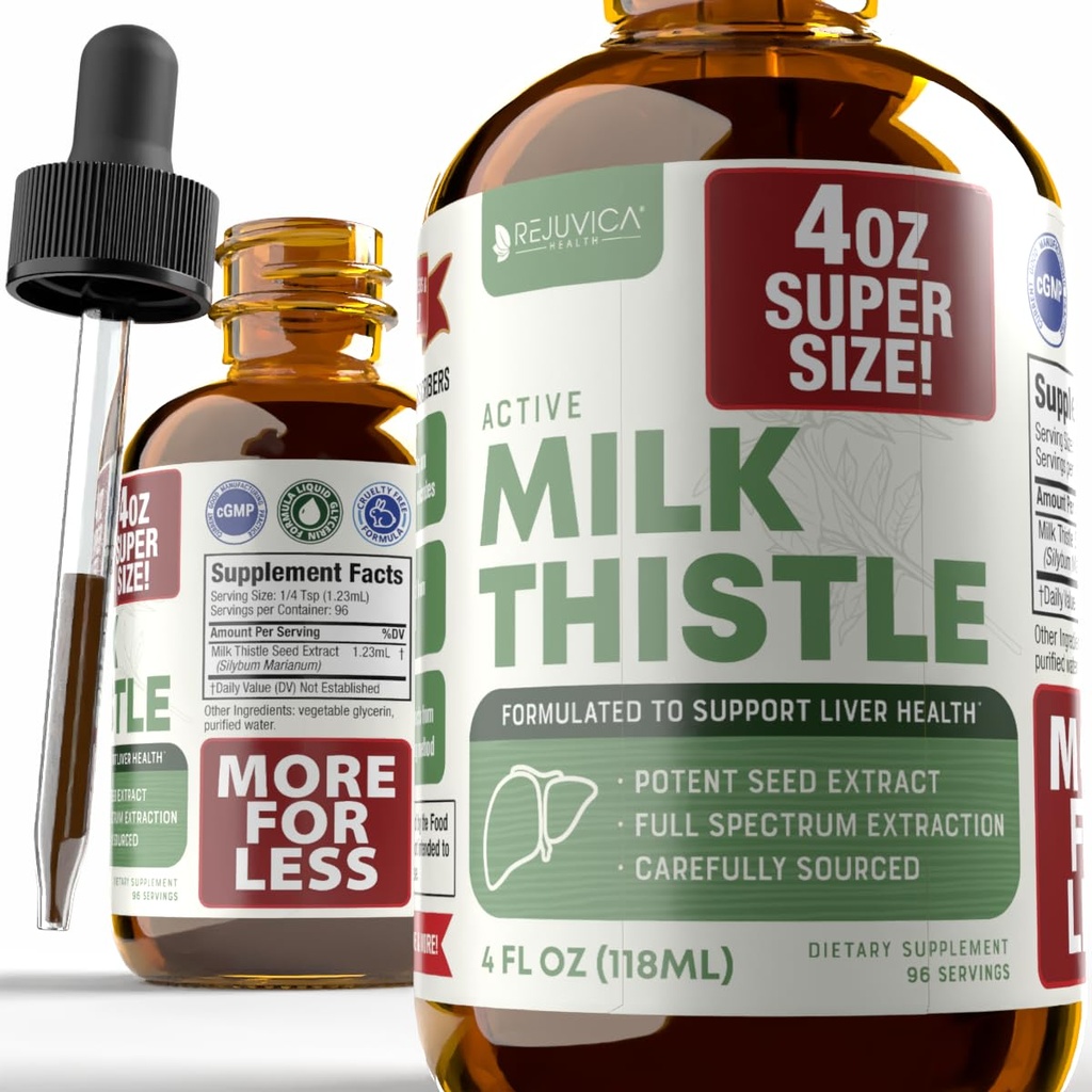Rejuvica Health Active Milk Thistle 4oz XL Super Dimensiune - Advanced Milk Thistle Seed Extract de lichid picături - Poate sprijini ficatul - Sugar Free Non OMG Tinctură