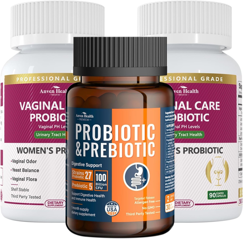 Feminins Probiotice vaginale + 100 miliarde Probiotice cu prebiotice organice pentru Digestive & Imune Health Bundle 