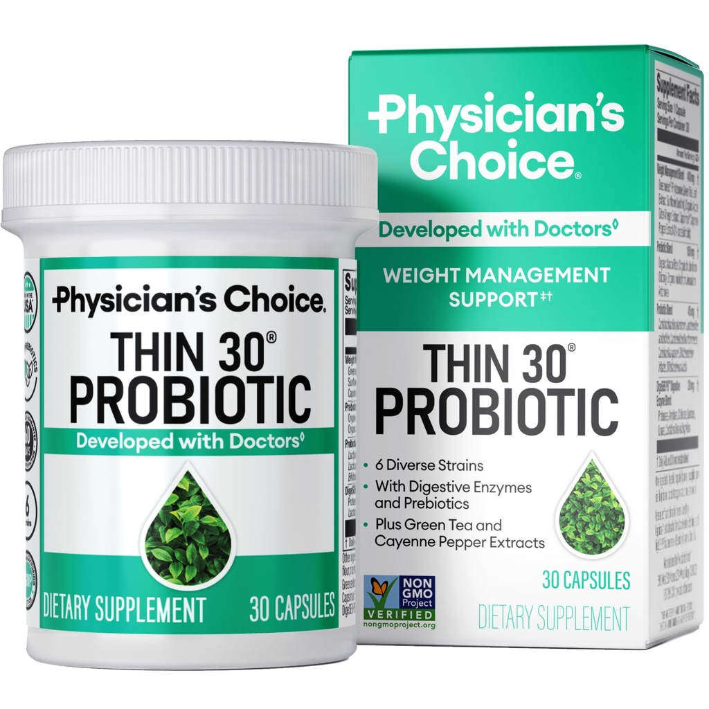 Medicului CHOICE Probiotice pentru managementul greutății și balonare - 6 tulpini probiotice - Prebiotice - ingredient cheie Cayenne - Sprijină Sănătatea gutei - Managementul greutății pentru femei și bărbați - Ceai verde - 30 CT