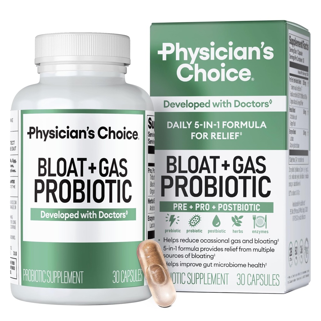 Bloat & Gas Probiotic 5-in-1 Suport proactiv pentru medic + Daily Relief - Digestion & Gut Health- Herbals, Enzime digestive, Post & Prebiotice - Relief de gaze pentru adulti - Femei si barbati - 30ct