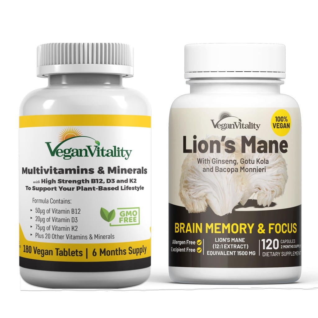 Vegan Vitality Brain Nutrition Bundle - Lions Mane Capsule Nootropice și Vegan Multivitamine. Suplimente pe bază de plante de înaltă rezistență pentru memorie și concentrare și sănătate generală pentru Vegas și vegetarieni