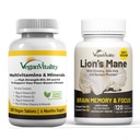Vegan Vitality Brain Nutrition Bundle - Lions Mane Capsule Nootropice și Vegan Multivitamine. Suplimente pe bază de plante de înaltă rezistență pentru memorie și concentrare și sănătate generală pentru Vegas și vegetarieni