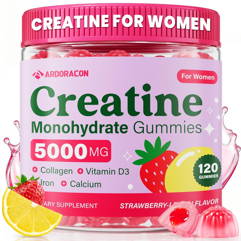 Creatina pentru femei, Creatine Monohidrat Gume cu colagen, Vitamina D3 & Calciu pentru mușchi, Booty & Energy, aroma de zahăr liber Creatine Gume Post & Pre Suplimente de antrenament pentru femei, 120 Ct