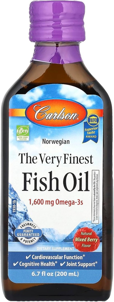 Carlson Foarte fin ulei de pește, 1600 mg Omega-3s, mixt aroma de Berry, 200 ml 