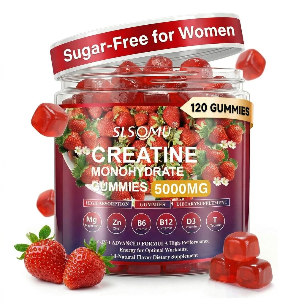 Creatine Gummies for Women, 5000mg Pre-workout Muscle Force & Energy Support, 0 Sugar Creatine Gummy cu L-Taurină, Zinc, B12 B6, Aroma de căpșuni, Vegan - 120 Gumies