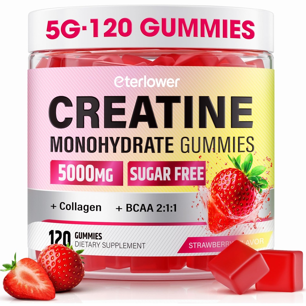 Creatin Monohidrat Gummies, 5g Creatine Gummies pentru femei si barbati.Pre-workout & Muscle Growth Support, Conține BCAA, Colagen, Sugar-Free, 120 Conte