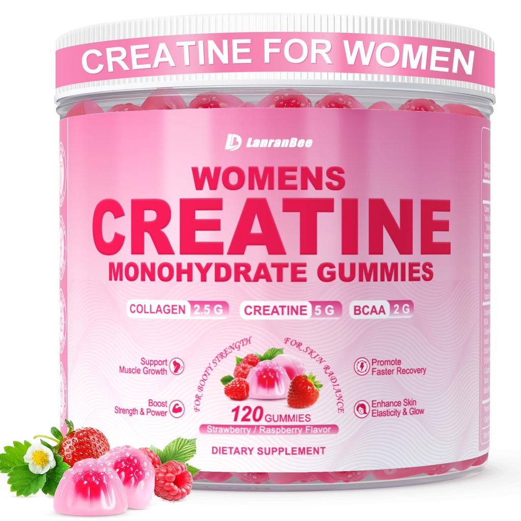 Creatina pentru femei, Creatine Monohidrat Gummies cu Colagen, BCAA, L-Carnitina & Taurina, Aroma de căpșuni, Suplimentul de energie Creatină pentru rezistența musculară, Boost de energie, Sugar Free, 120 Conte