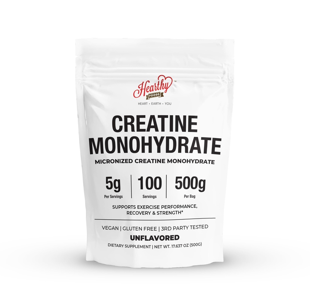 HEARTHY ALIMENTE Creatina Monohidrat Pulbere Micronizata 500G - 100 Serviri, 5000mg per servire (5g) - pentru barbati si femei crestere musculara & recuperare - NEFLAVORED