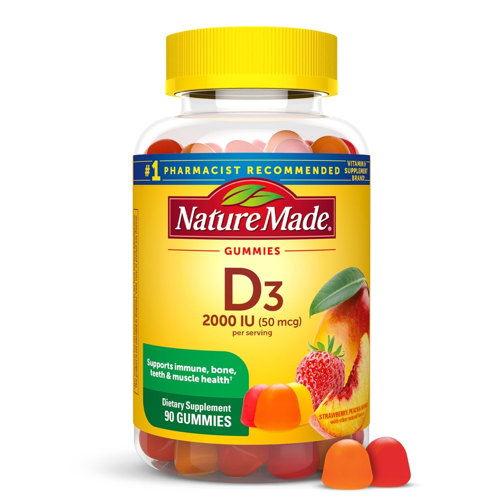 Natural Made Vitamina D3 2000 UI Per Servire gume, oase, dinți, mușchi și sprijin pentru sănătate imună, 45 zile de aprovizionare, 90 vitamine D Gume pentru adulți