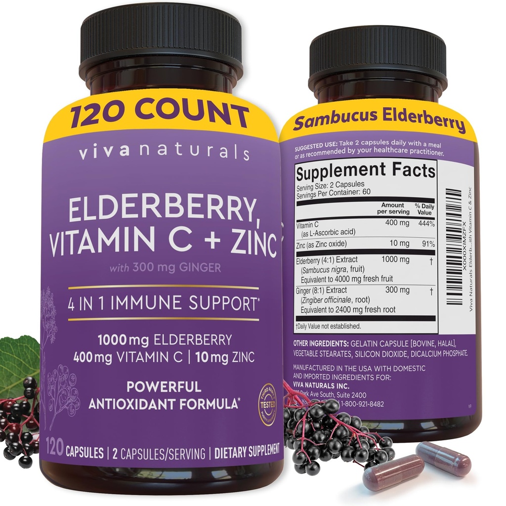 Viva Naturals Elderberry cu vitamina C și zinc (120 capsule) - 1000 mg Sambucus Elderberry Supplement Immunum Supplement, capsule negre de elderberry pentru adulți, vitamine elderberry - 2 luni de aprovizionare