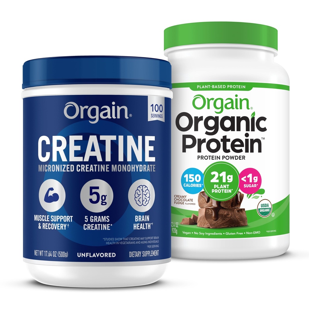 Orgain Creatin Monohidrat pulbere (17.64 Oz, 100 Servings) & Organic Vegan Ciocolata Fudge Pulbere de proteine (2,03 lb) Bundle - Plant-Based Proteina si Musculare Suport