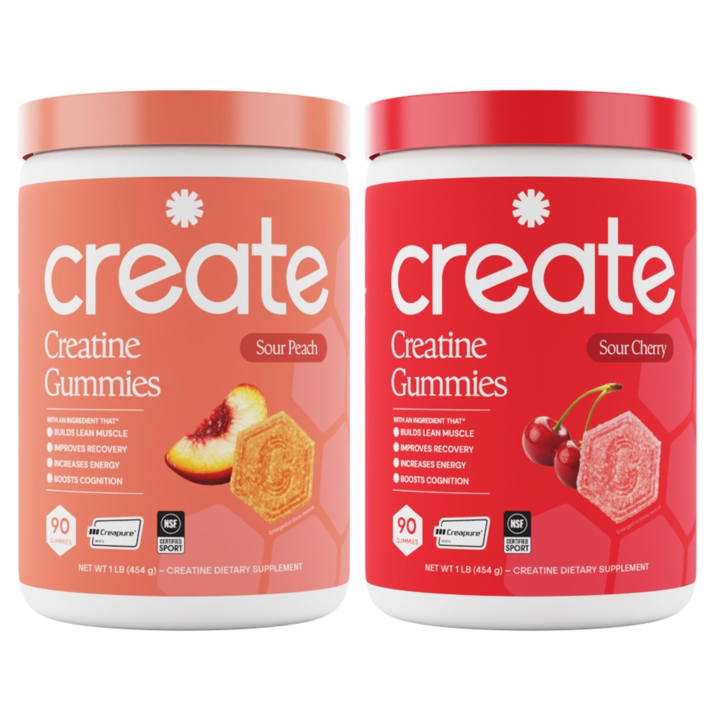 Create Creatine Monohidrat Gummies - Peach Pump Duo - Sour Peach & Sour Cherry - Creatine Gummies for Women & Men, NSF Certified, 3rd Party Tested, Anti-Melting Formula, 180 Count (2-Pack)