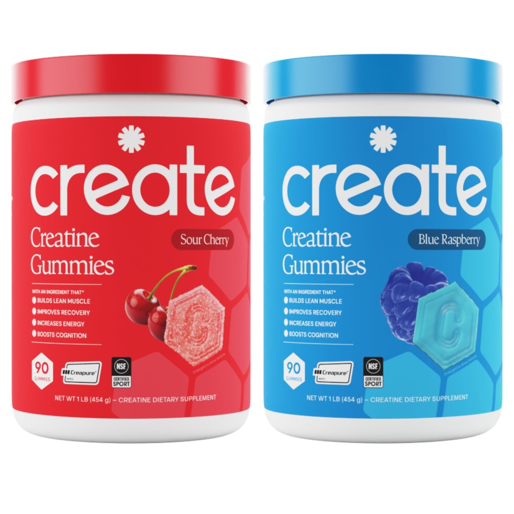 Create Creatine Monohidrat Gummies - Rocket Pop Duo - Blue Raspberry & Sour Cherry - Creatine Gummies for Women & Men, NSF Certified, 3rd Party Tested, Anti-Melting Formula, 180 Count (2-Pack)