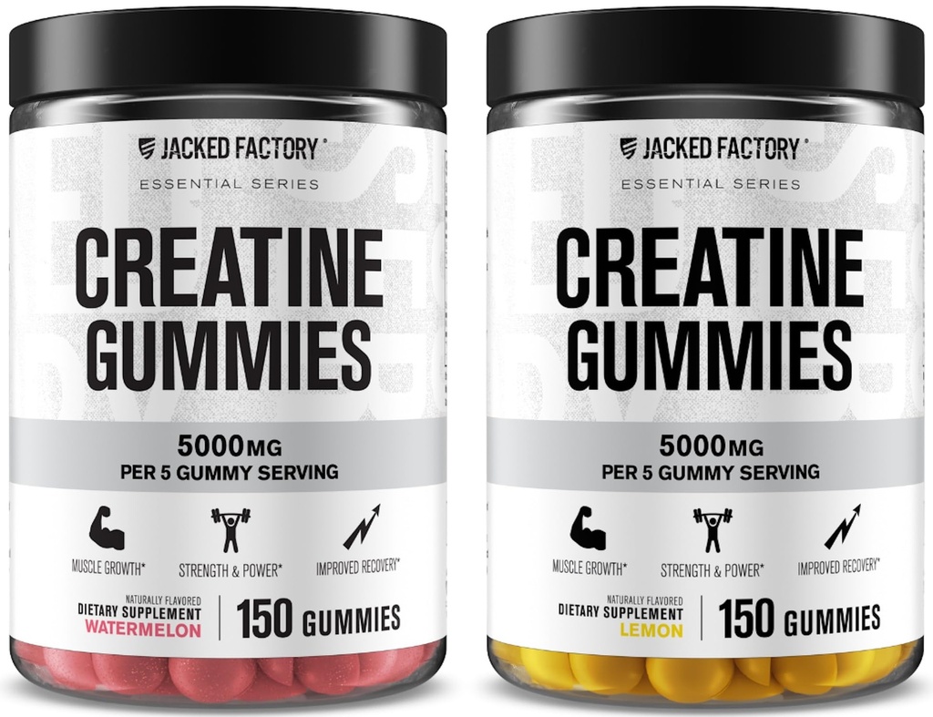 Fabrica Jacked Creatina Monohidrat Gummies 5g Doza zilnică (1g per Gummy) - Creatine Gummy pentru bărbați și femei, Vegan-Friendly, Travel-Friendly, Third-Party testat - 150 Gummies, Pepene verde și lamaie
