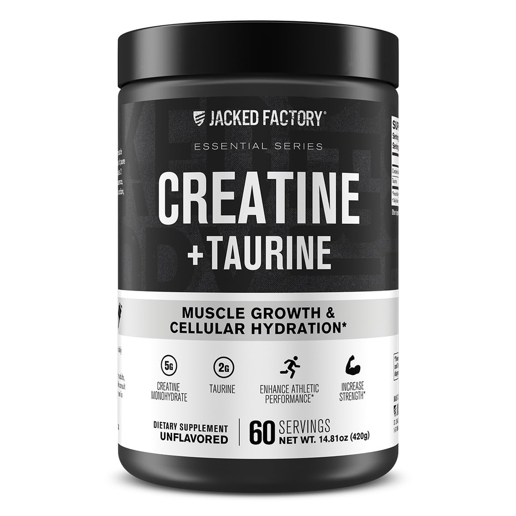 Creatina Fabrica Jacked + Taurină - Creatină Monohidrat 5000 mg cu Taurină 2000mg pentru creşterea concentraţiei musculare şi hidratare celulară - 60 Serving-uri, nearomatizate