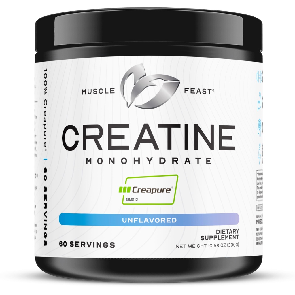 Muscle Feast Creapure Creatine Monohidrat pulbere, Vegan Keto prietenos Gluten-free, Mass Gainer, Muscle Recovery Supliment și Creatina de încredere pentru creșterea musculară, Creatin pulbere, Nearomat, 300g