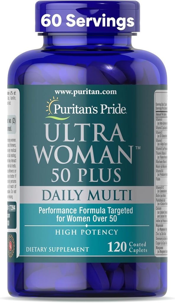 Puritan's Pride Ultra Woman 50 Plus High Potency Performance Time Release Daily Multivitamine with Zinc, Dietary Supplement for Healthy Aging & Cellular Energy Production, 2 Moon Supply, 120 Count