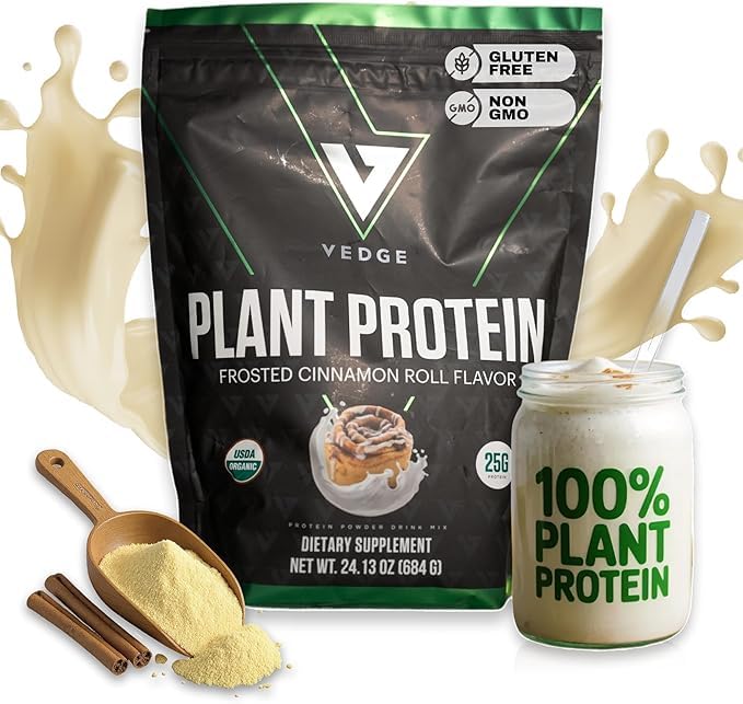 Vedge Vegan Praf de proteine - Pudră de proteine de plante cu mazăre, dovleac și floarea-soarelui - USDA Organic, Amino Acids, Dairy Free, Gluten Free, Soy Free, Keto, Non OMG, Smooth Texture - Scorțișoară - 20 Servings