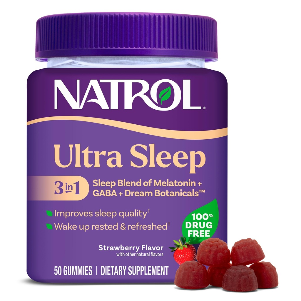 Natrol Ultra Sleep 3-in-1 100% Drog-Free Sleep Aid Blend cu Melatonina, GABA & Botanics, Dietary Supplement, Non-Habit Forming, 50 Gummies
