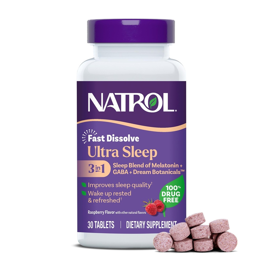 Natrol Ultra Sleep 3-in-1 100% Drog-Free Sleep Aid Blend cu Melatonina, GABA & Botanicals, Dietary Supplement, Non-Habit Forming, 30 comprimate de dizolvare rapidă