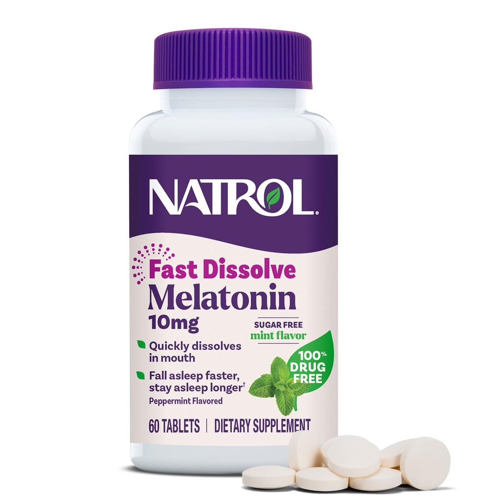 Natrol Melatonina 10mg comprimate rapid dizolvare - Aroma de menta, 60 Conte, Sleep Support, Distilare rapida Melatonina pentru adulti, 60 de zile de aprovizionare