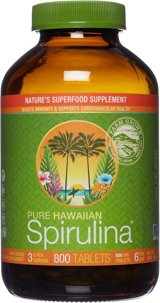 Nutrex Hawaii, Pure Hawaiian Spirulina 500 mg, Vegan, Sprijină Sistemul imunitar, Inima, Celule și Energie, 800 comprimate