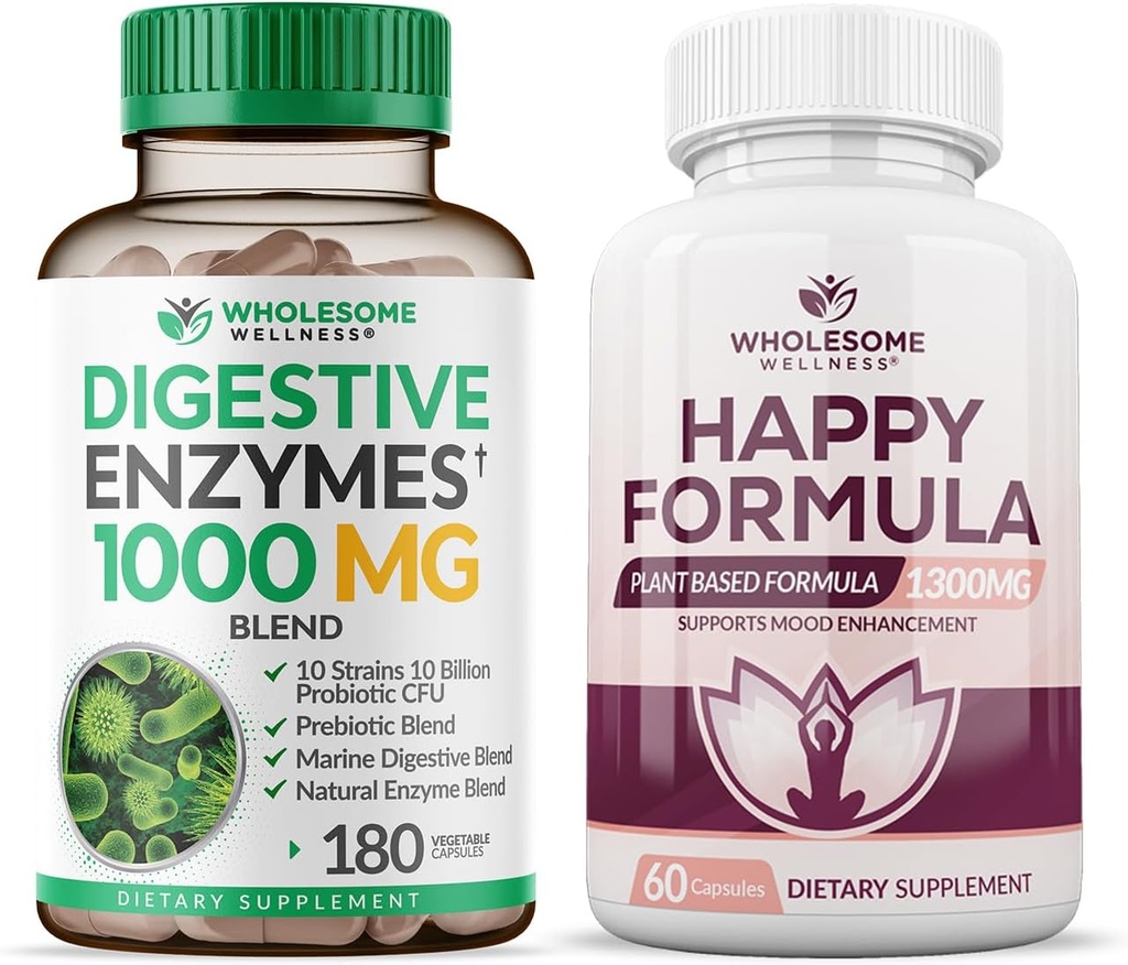 Inteligent Wellness Digestive Enzime 1000MG Plus Prebiotice & Probiotice Supliment + Fericit Formula Natural Stress Formula de ajutor Supliment pentru femei și bărbați Bundle