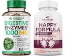 Inteligent Wellness Digestive Enzime 1000MG Plus Prebiotice & Probiotice Supliment + Fericit Formula Natural Stress Formula de ajutor Supliment pentru femei și bărbați Bundle