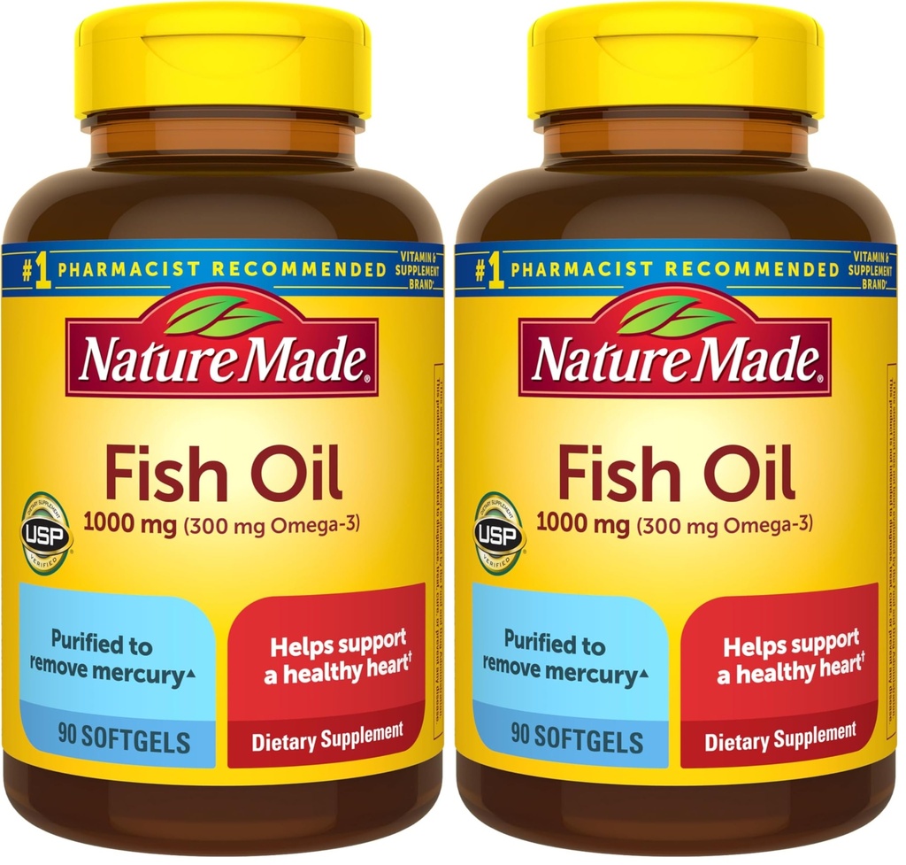 Nature Made pește ulei Omega 3 Suplimente, 1000 mg Softgels, Omega 3 ulei de pește pentru suport cardiac sănătos, 90 Softgels, 45 zile de aprovizionare (Pachet de 2)