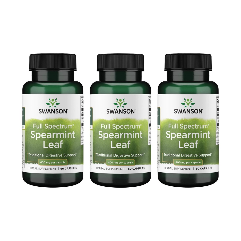 Swanson Spearmint Leaf (Mentha Spicata)-Full Spectrum Herbal Supporting Digestive Health & Mild Stomac Issues - (60 Capsule, 400mg Fiecare) 3 Pack