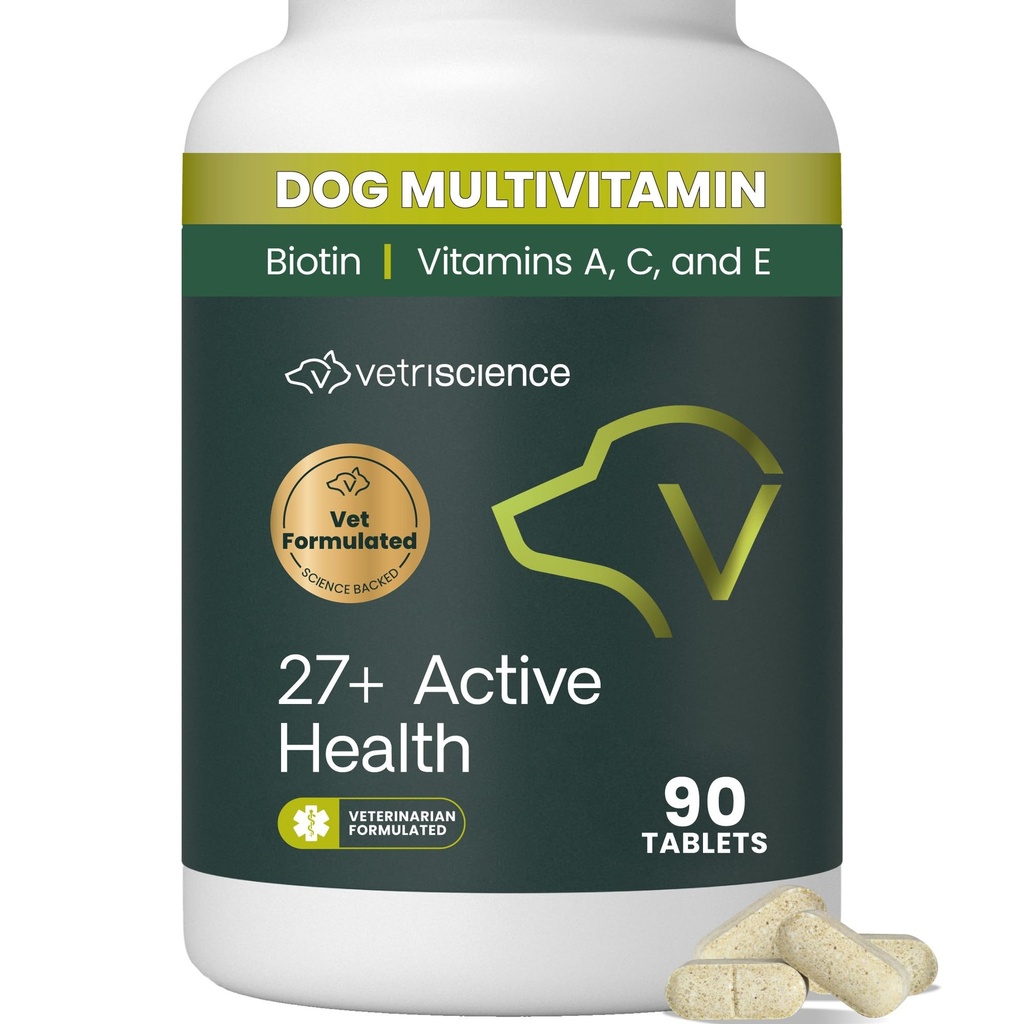 VetriScience 27+ Active Health Chewable Tablets, Canin Plus Daily Multivitamine pentru catei si caini adulti, Balanced Vitamine, Minerale si Antioxidanti, Health and Wellness Support, Duck, 90 Count