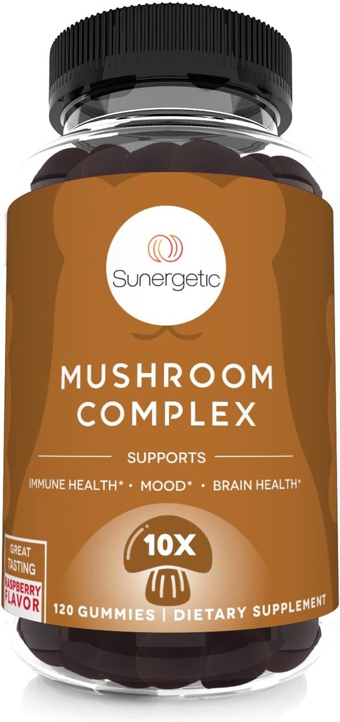 Sunergetic Premium Gummies Supliment - pentru Immune Health, Brain, Mood & Stress Support - Mushroom Blend cu Lions Mane, Chaga Extract, Reishi, Turcia Coada, Cordyceps (120 Gummies)