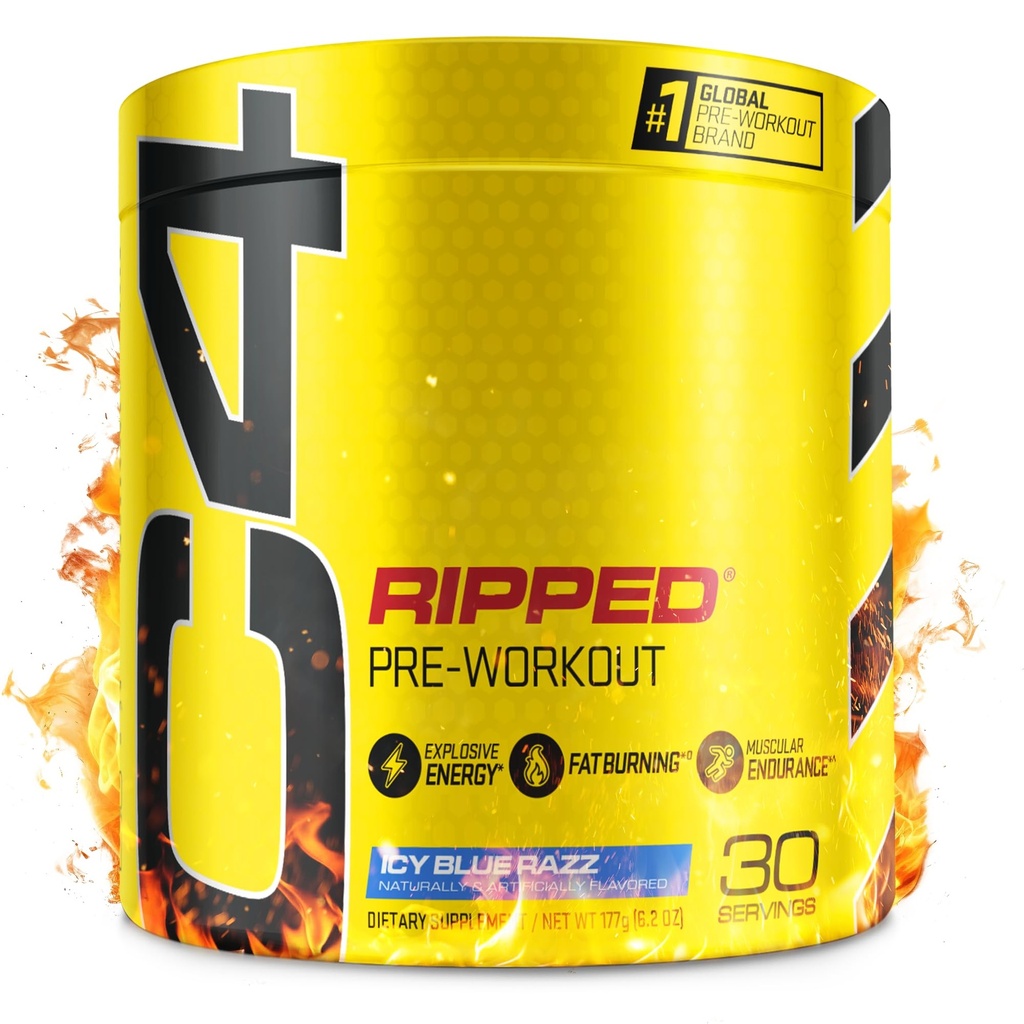 C4 Ripped Pre Workout pulbere pentru energie, Beta Alanine, Zero Sugar Energy Supliment Preworkout pentru bărbați și femei - 150mg Cafeina + Creatine-Free - Icy Blue Razz - 30 Serviri