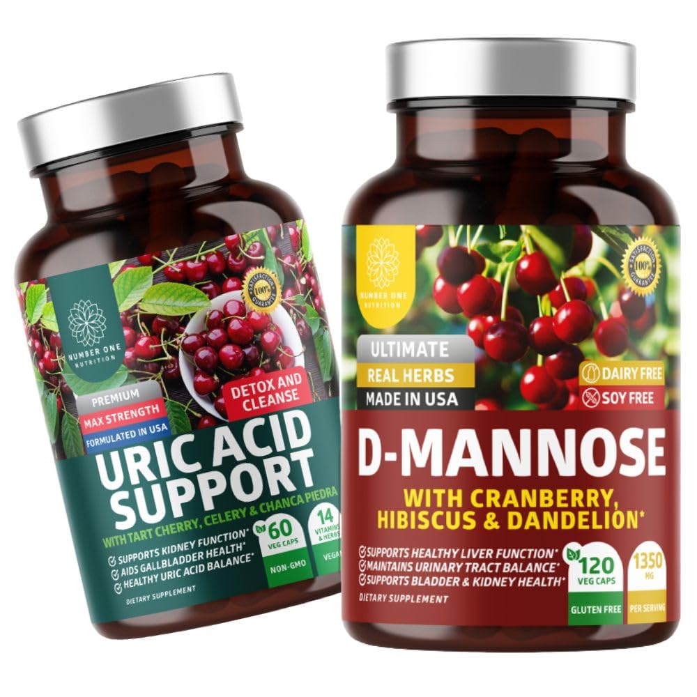 Number One Nutrition N1N Premium D- Mannose with Cranberry & Hibiscus [1350mg], 120 Capsule, and Uric Acid Support with 14 Pottent Herbs, 60 Capsule, 2 Pack Bundle
