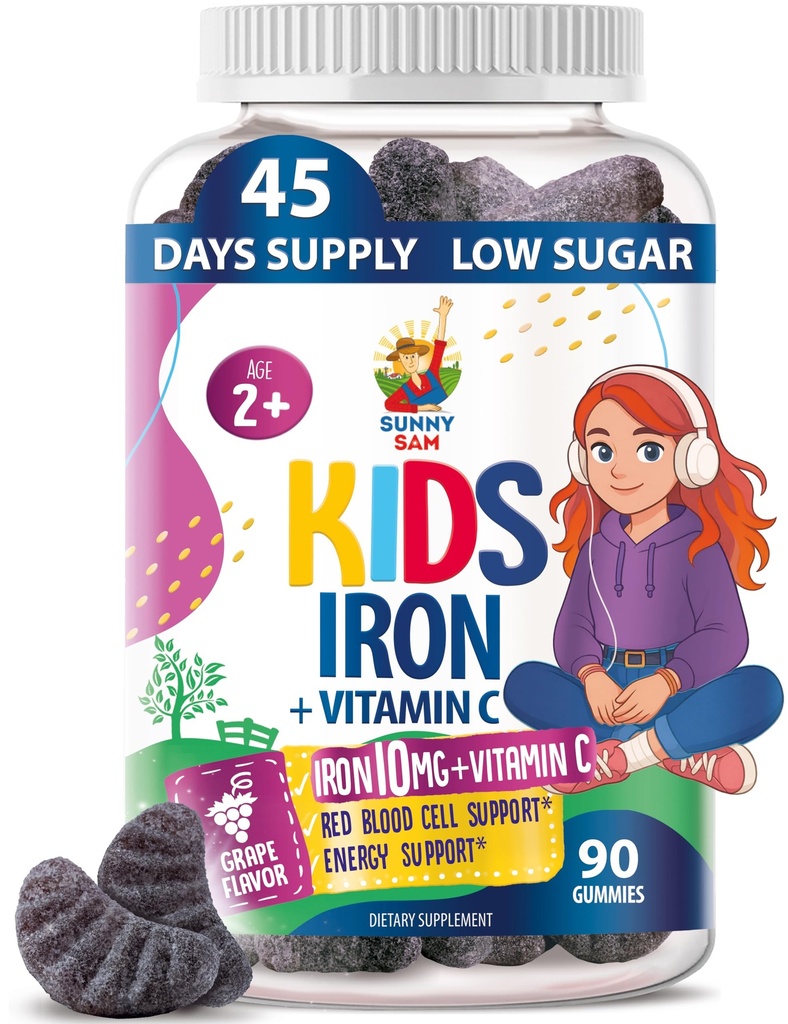 SUNNY SAM Gummies de fier pentru copii și adolescenți - 10mg Vitamine de fier cu vitamina C - Supplement Gummy Low-Sugar pentru suport imunitar, Suportă producția de celule roșii de sânge pentru copii și adolescente