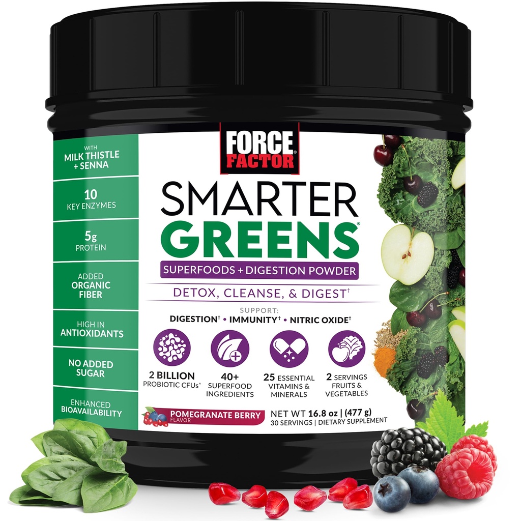 Force Factor Greens Superfoods Powder pentru a sprijini Digestion, Sanatate Gut, Blooting, Greens Powder cu Probiotice, Prebiotice, Enzime digestive, & Adaptogens, rodii Berry, 30 Servings