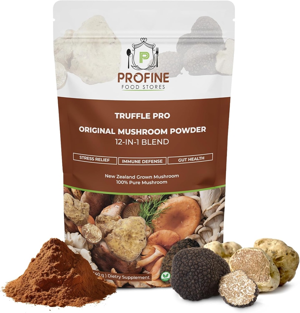 PROFINE Truffle PRO Mushroom Powder 12 in - 1 Super Blend cu Truffle negru și Truffle alb - USDA Organic - Supliment - Adăugați la cafea / Tea / Smoothies - Ciuperci întregi - Fără umpluturi
