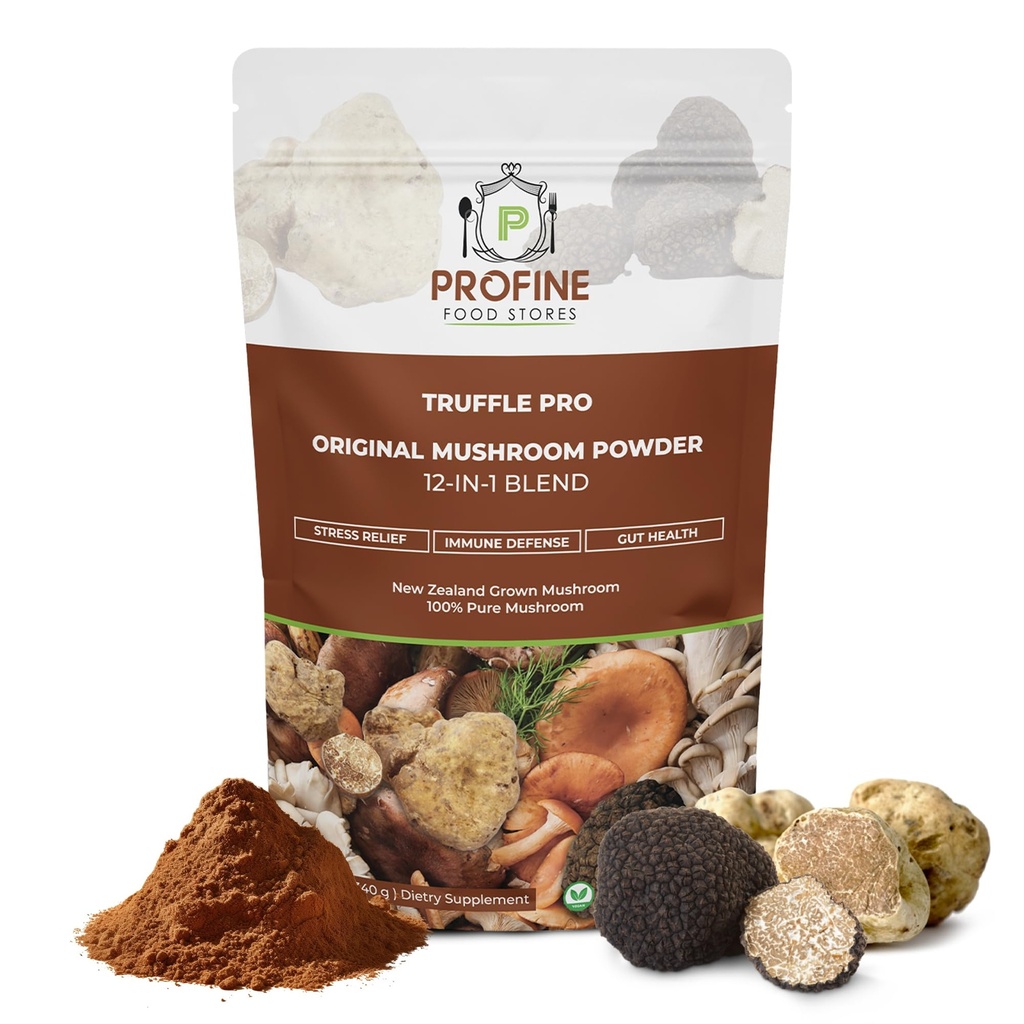 PROFINE Truffle PRO Mushroom Powder 12 in - 1 Super Blend cu Truffle negru și Truffle alb - USDA Organic - Supliment - Adăugați la cafea / Tea / Smoothies - Ciuperci întregi - Fără umpluturi