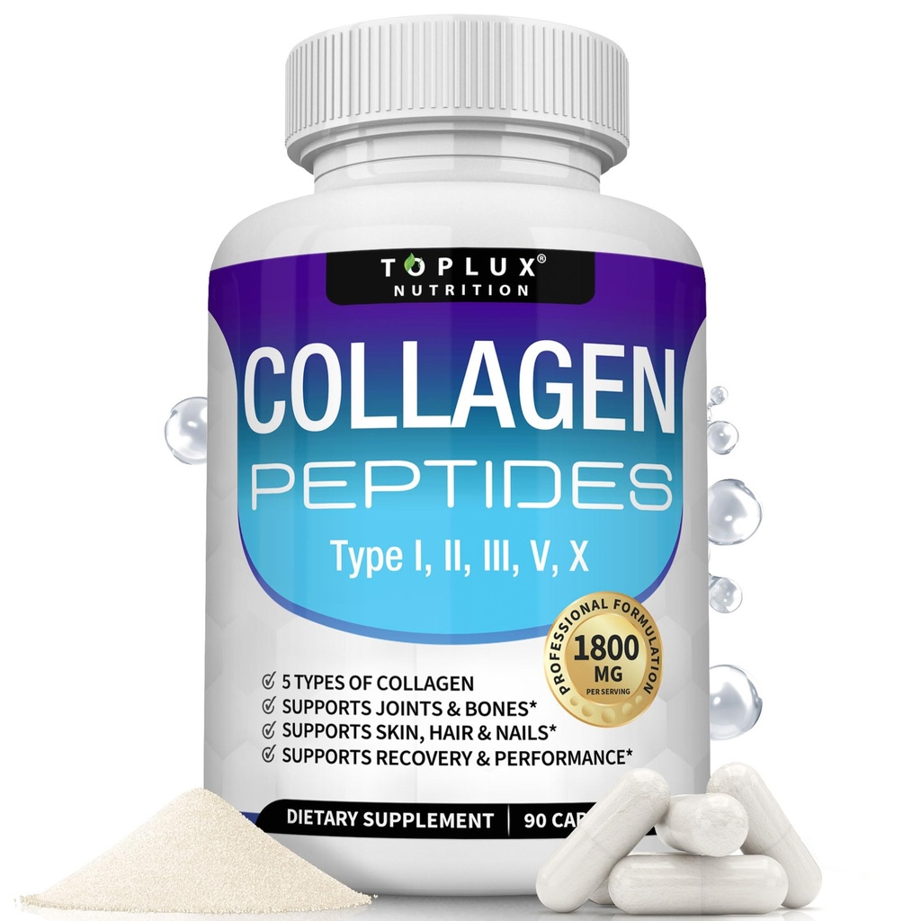Complexul Toplux Multi Colagen Peptides 1800 Mg - Complex tip I, II, III, V, X Premium Colagen pentru o mai bună piele și păr, articulație puternică, proteine hidrolizate, pentru bărbați Femei, 90 capsule, Supliment