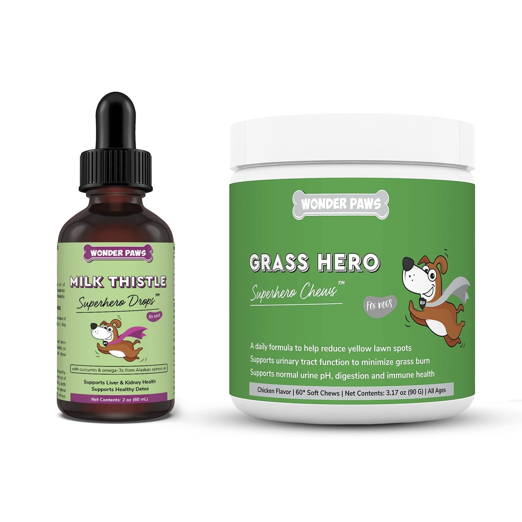 Wonder PAWS Milk Thistle Drops Plus Grass Hero Soft Chews - pentru câini de sprijin ficat și rinichi, Detox & tract urinar Sănătate - Milk Thistle 2 Ounces - Grass Hero 60 Chews