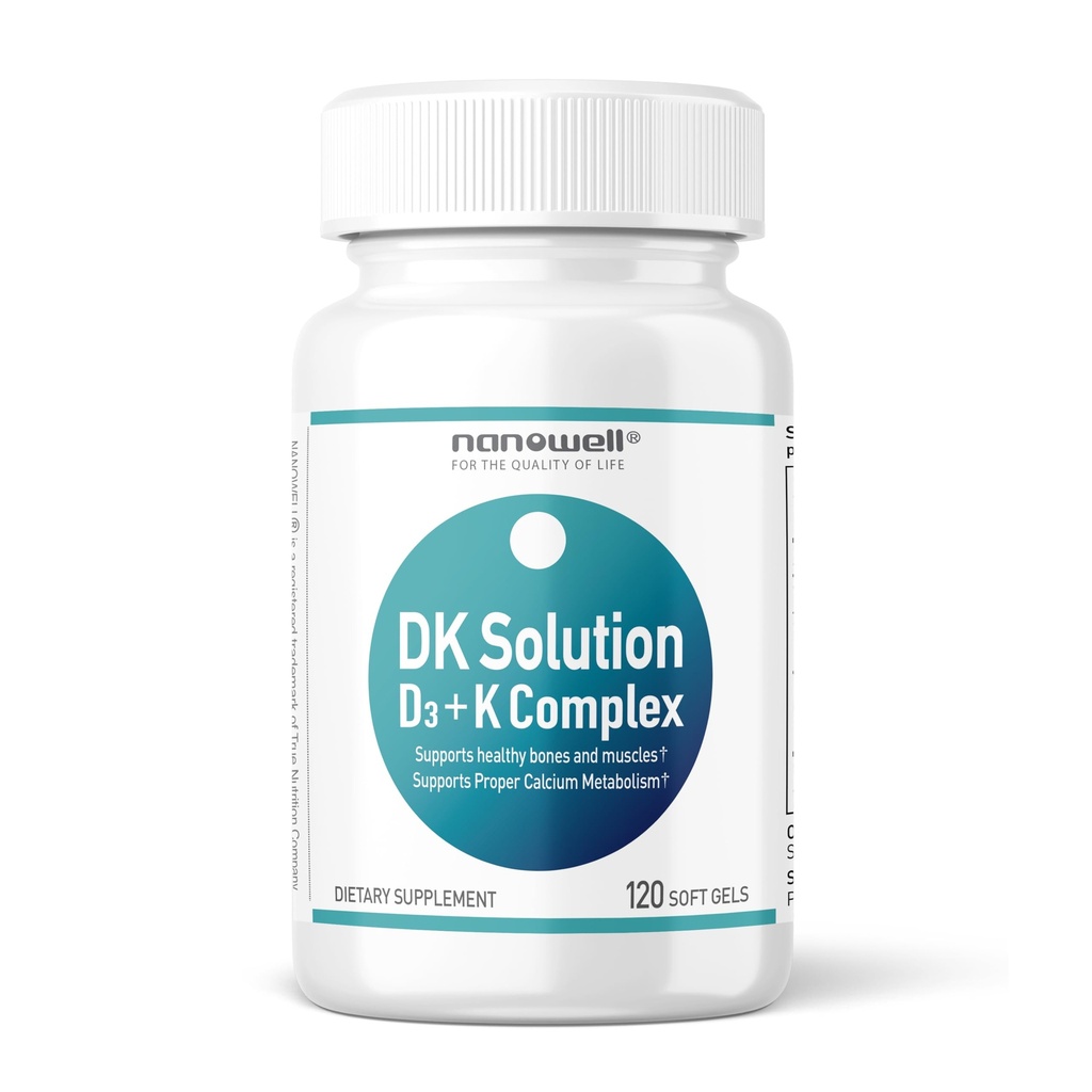 NANOWELL DK Soluţie Vitamină D3 2000 UI (50 mcg) + K Complex - Supliment alimentar pentru suport de sănătate osoasă, musculară şi imună - 120 Softgels, 120 zile de aprovizionare