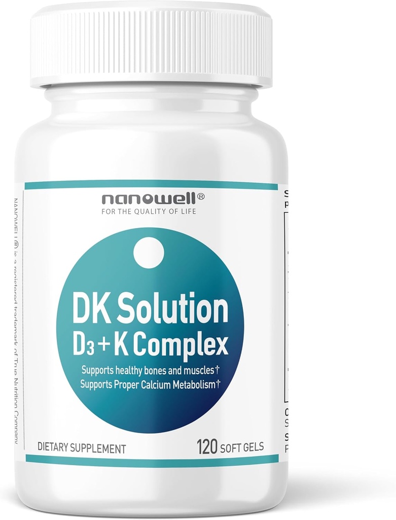 NANOWELL DK Solution Vitamin D3 2000 IU (50 mcg) + K Complex - Dietary Supplement for Bone, Muscle and Immune Health Support - 120 Softgels, 120 Day Supply