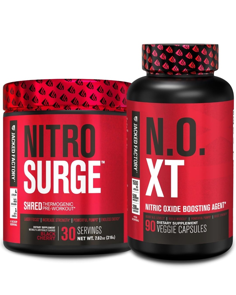Fabrica Jacked Nitrosurge Shred termogenic Pre-workout în negru Cherry & N.O. XT Nitric oxid Booster pentru bărbați și femei